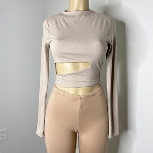 Beige Nude Side Cutout Tight Long Sleeve Crop Top
